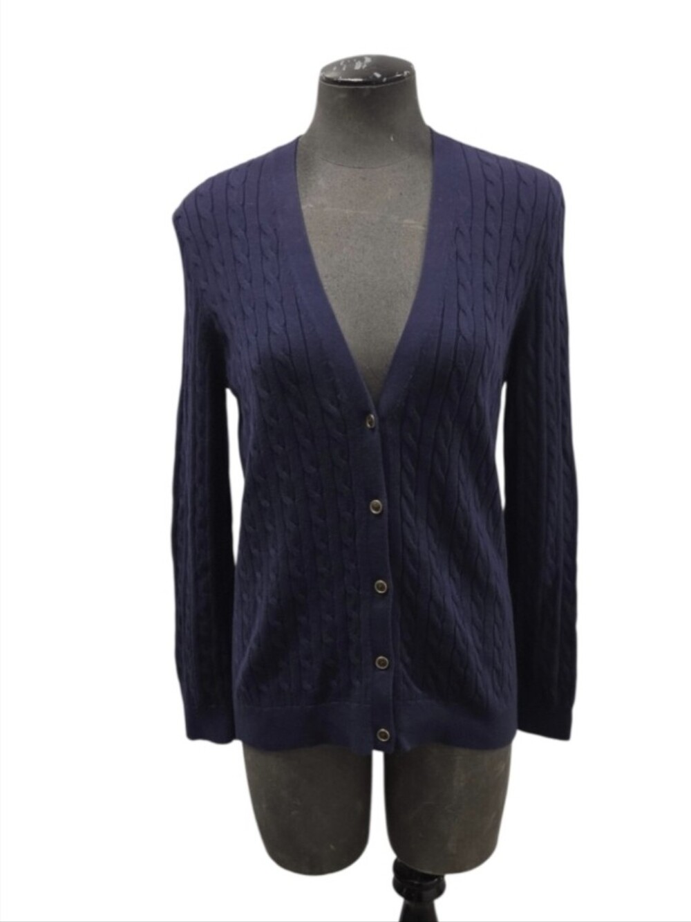 Vintage Lands' End Medium Petite 10/12 Navy Cable V-Neck Button Cardigan